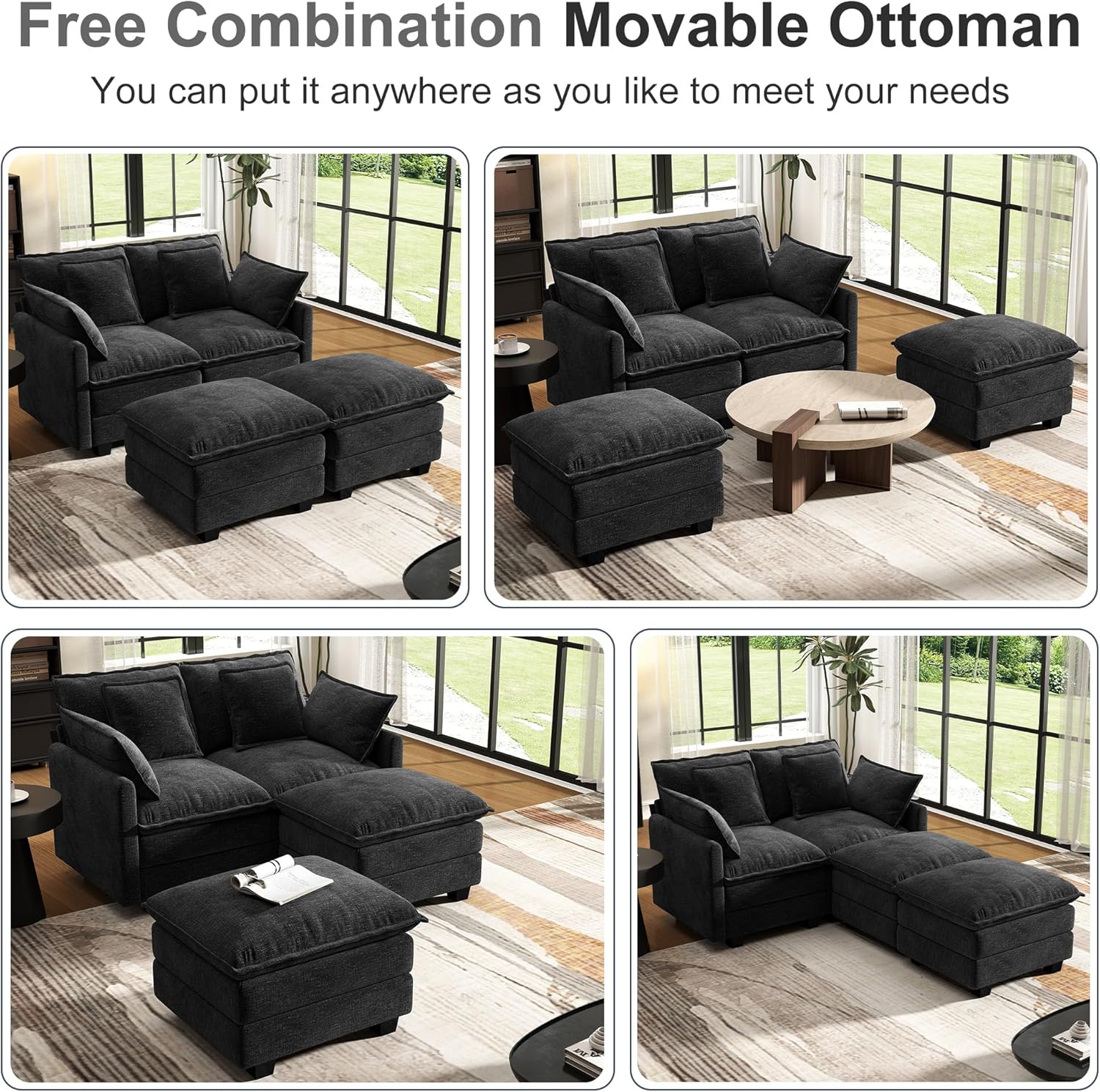 58' Cloud Couch Loveseat, Deep Seat Modular Sectional Sofa with 4 Removable Washable Pillows and 2 Ottoman for Living Room, Bedroom, Apartment, Black