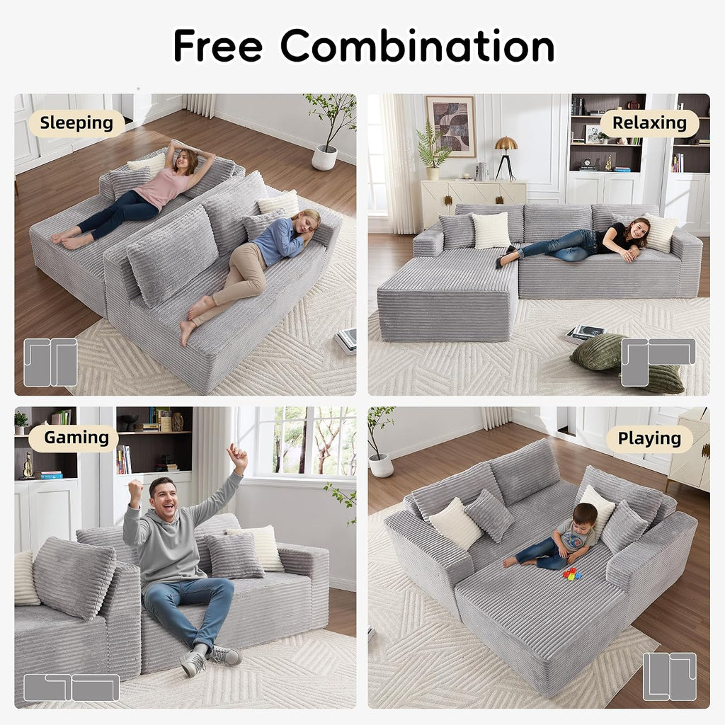 Opiesit 108' Boneless Couches for Living Room, Modular Sectional Sofa with Oversized Chaise, L-Shape Cloud Couch with Deep Seat, High-Density Memory Foam, No Assembly Required, Plush Corduroy Grey