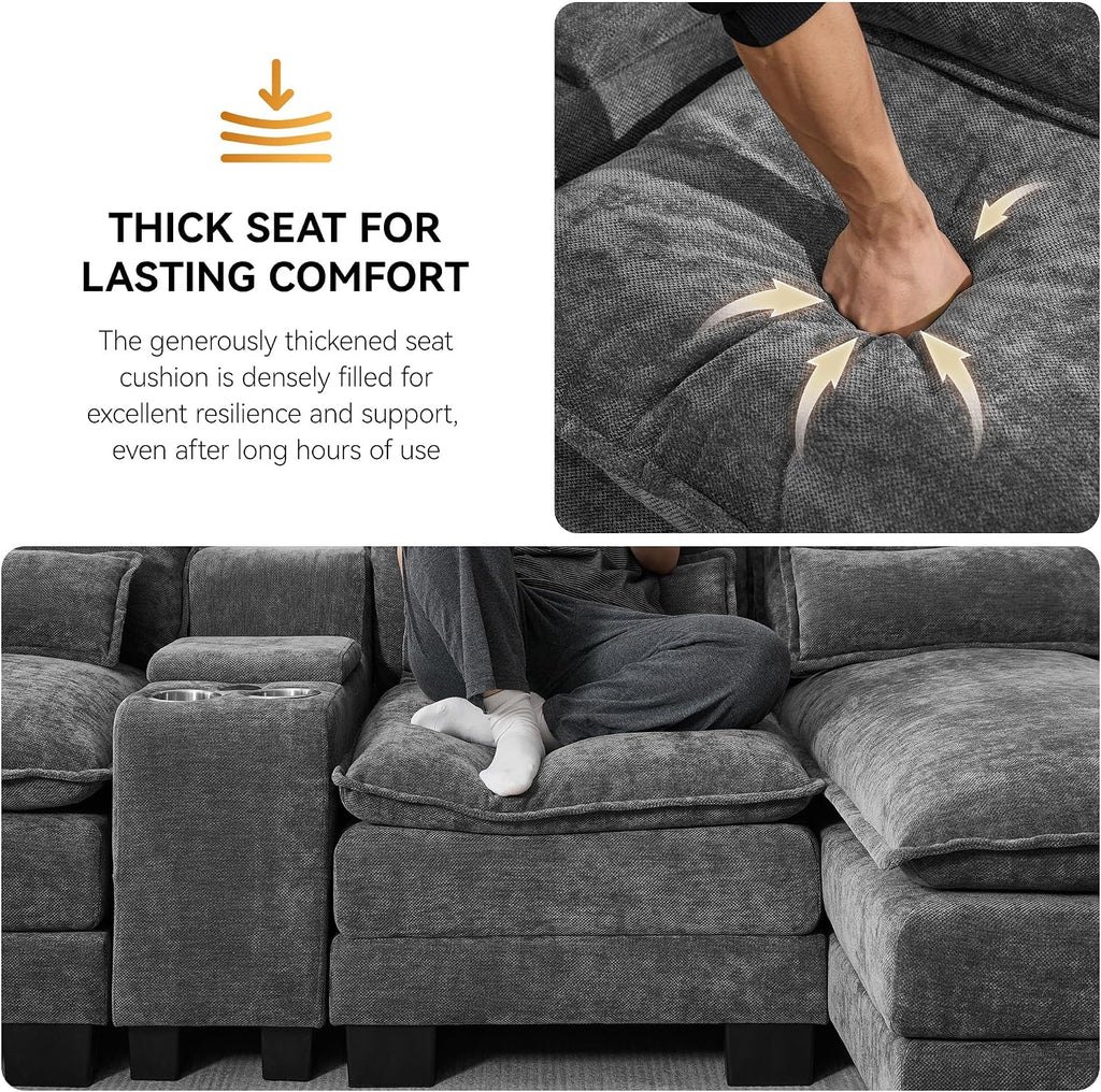 125'' U Shaped Cloud Modular Sofa, Chenille Upholstered Comfy Sectional Couch with Storage Console, USB Charging Ports & Cup Holders, Modern Deep Seat Sofa for Living Room, Grey