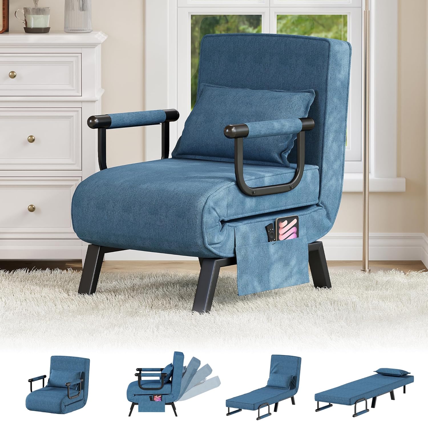 TYBOATLE Convertible Chair Bed Sleeper for Adults, Folding Chair Bed with 5-Position Adjustable Backrest & Side Pockets & Pillow, Comfy Single Futon for Small Spaces, Apartment, Office (Azure Blue)