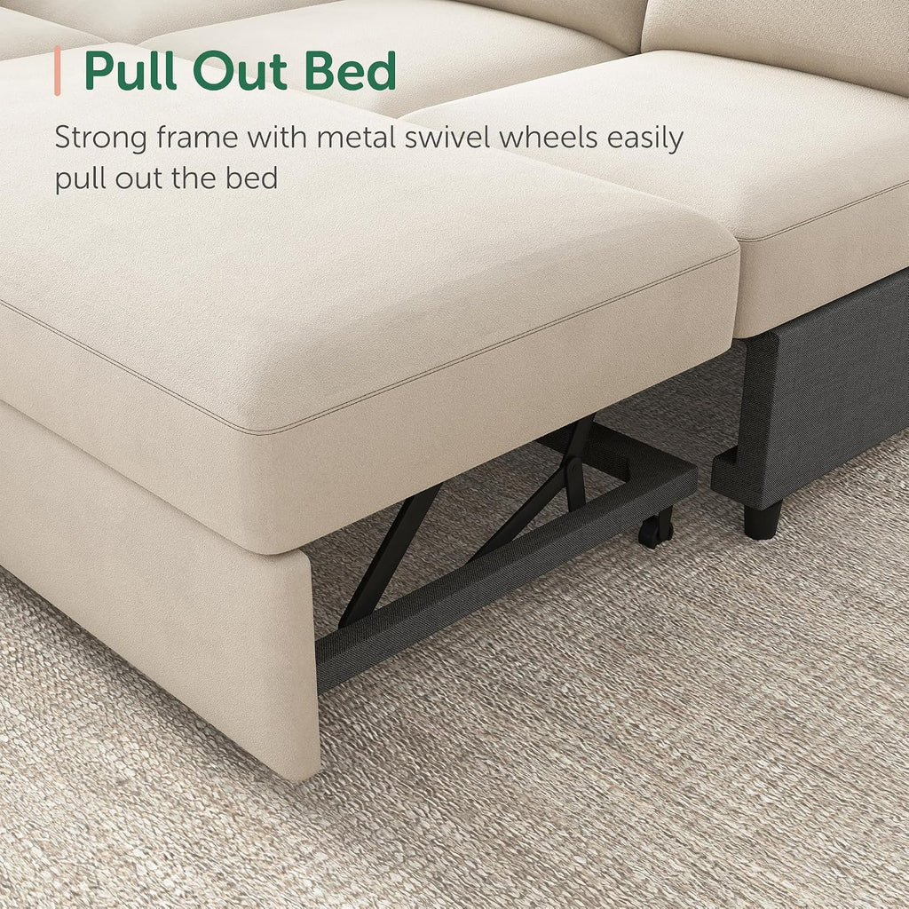 HONBAY Sectional Sleeper Sofa with Pull-Out Bed Storage Chaise, 6 Seaters Couch for Living Room, Beige