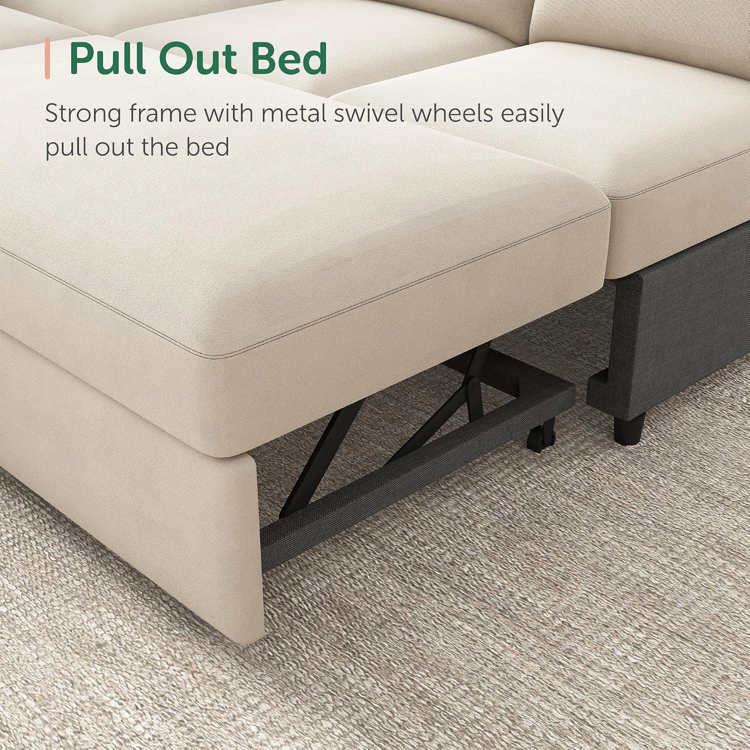 HONBAY Sectional Sleeper Sofa with Pull-Out Bed Storage Chaise, 6 Seaters Couch for Living Room, Beige