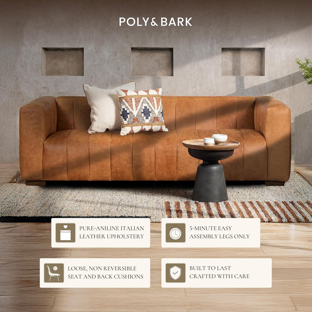 POLY & BARK Canale Sofa – 86' Channel-Tufted Italian Leather Couch – Cognac Tan Full-Grain Pure-Aniline or Semi-Aniline Leather, Solid Wood Frame & Legs