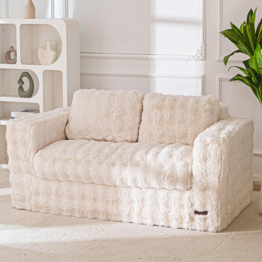 MAXYOYO Loveseat Sofa for Living Room, Small Sofa Couch Tufted Boneless Couch, Comfy Bean Bag Chair for Small Space Bedroom Apartment, No Assembly Needed, Beige