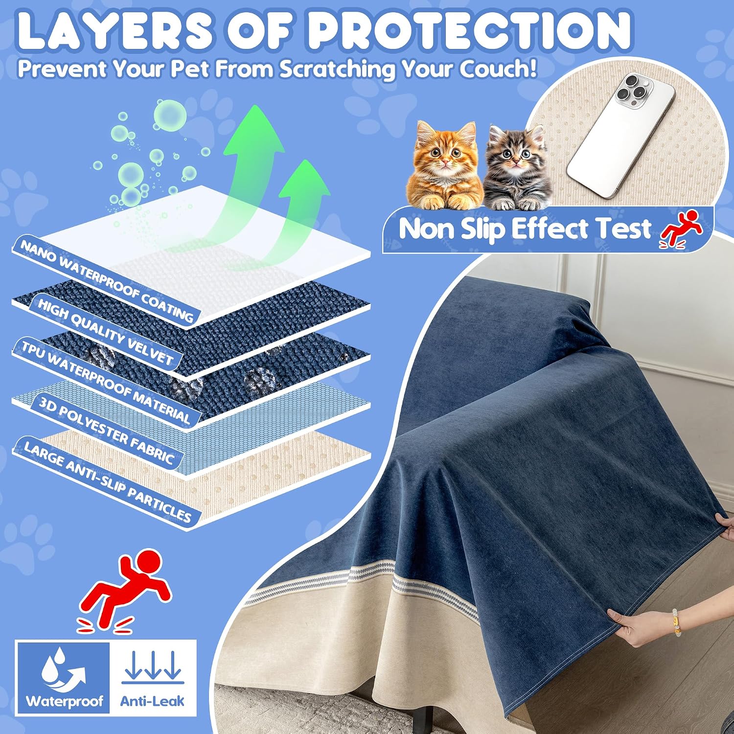 Cat Scratch Furniture Protector - Anti-Slip, Waterproof Sofa Cover to Keep Cats Off, Pet-Friendly Couch Protectors for 3 Cushion Couch, Anti-Scratch Couch Cover for Pets and Kids 150'X91'Navy Blue