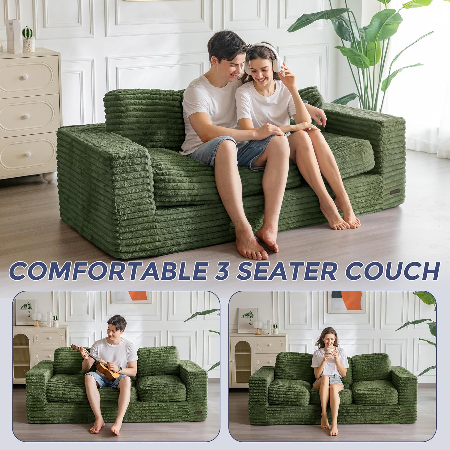 MAXYOYO 3-Seater Boneless Sofa Couch in a Box, Modern Faux Fur Sofa for Living Room, Soft High-Density Foam Couch with Pillows, Fluffy & Supportive Lounge, No Assembly Required, Green