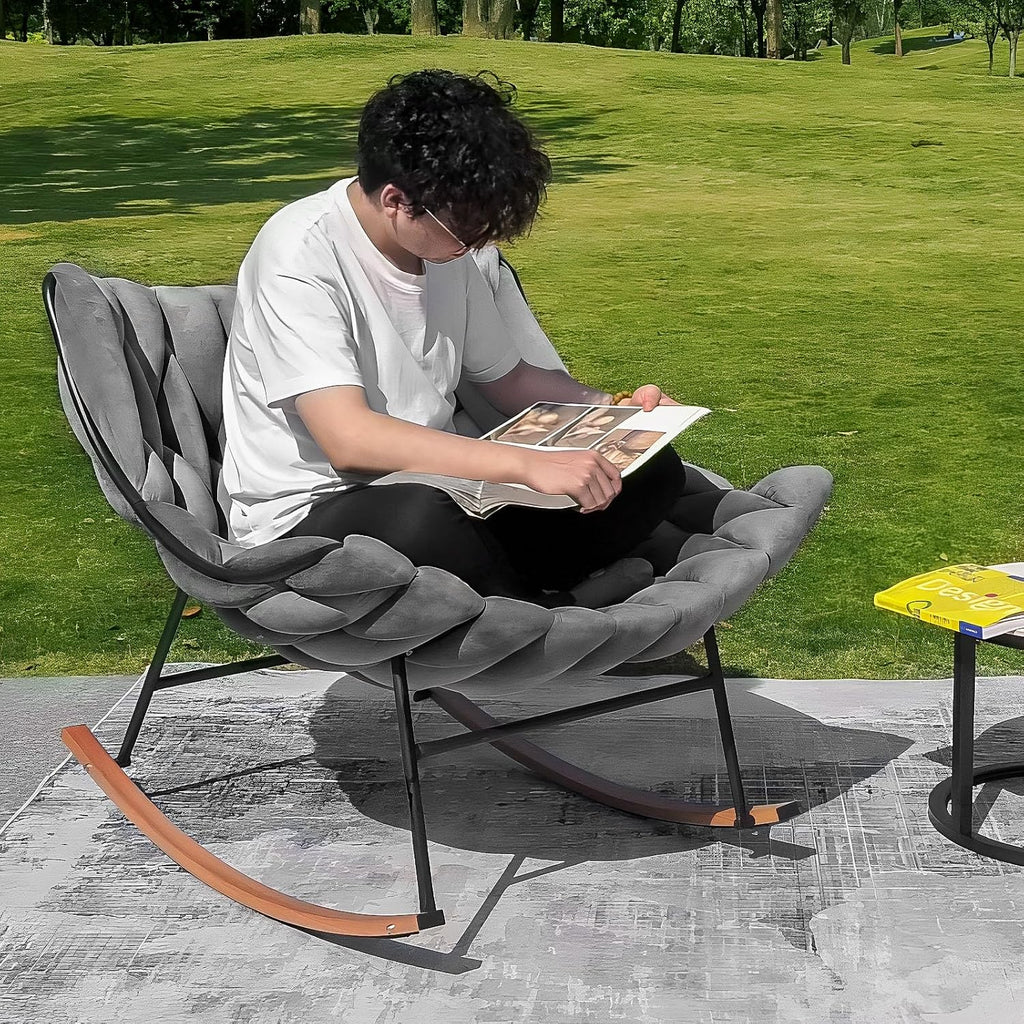 Outdoor Royal Rocking Chair, Velvet Papasan Rocking Chair – 30° Rocker, Outdoor Patio Egg Reclining Lounge Rocking Chair for Balcony Porch Patio, Braided Design