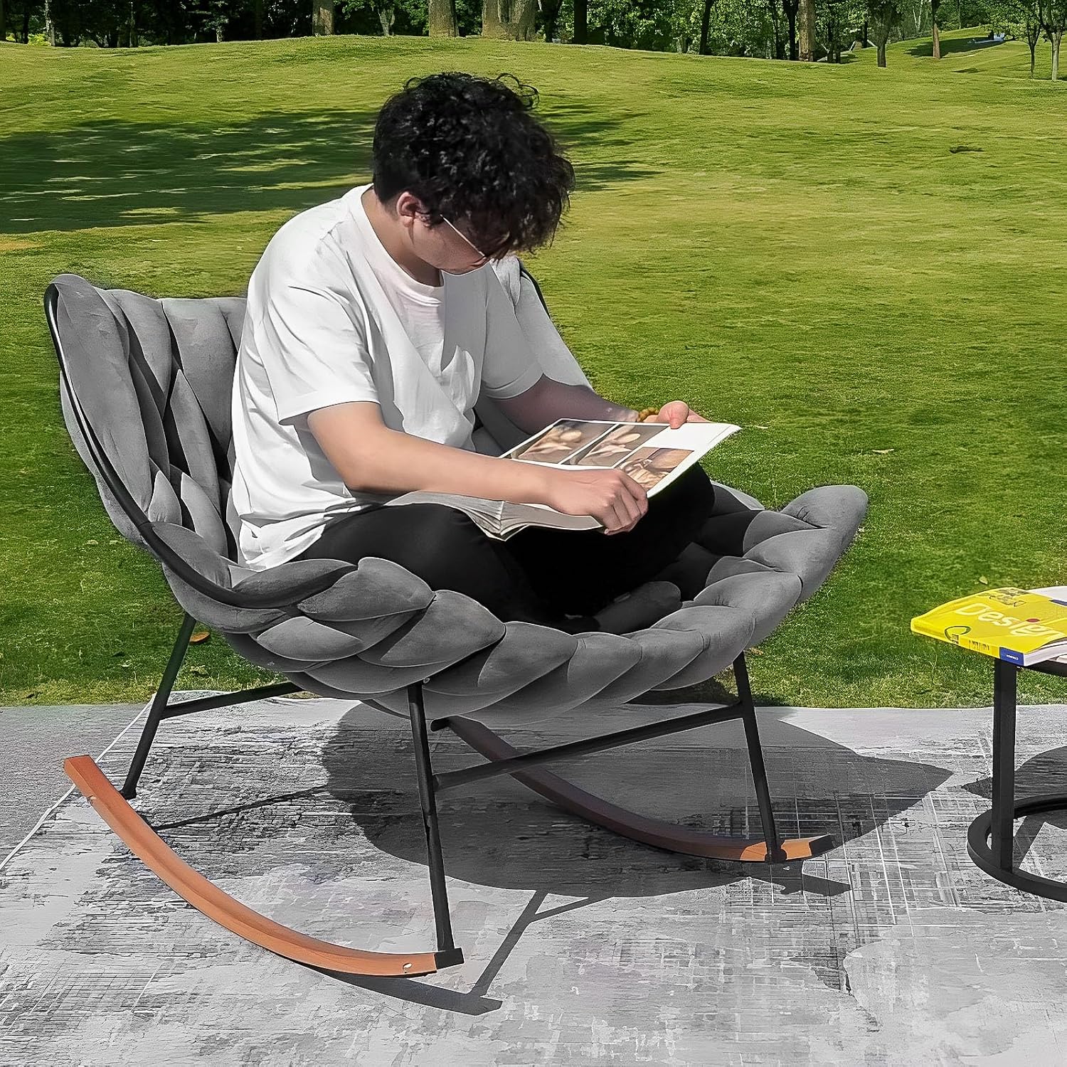 Outdoor Royal Rocking Chair, Velvet Papasan Rocking Chair – 30° Rocker, Outdoor Patio Egg Reclining Lounge Rocking Chair for Balcony Porch Patio, Braided Design