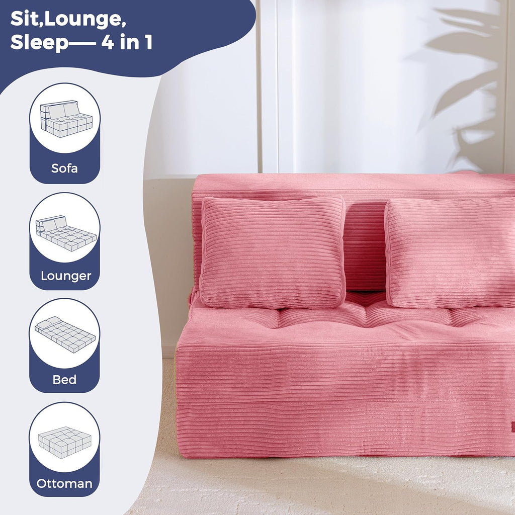 MAXYOYO Convertible Sofa Bed, Fold Out Loveseat Sleeper Sofa with Pillow, 4 in 1 Tufted Folding Couch Bed Foam Floor Couch, Lazy Chair for Living Room Bedroom Guest Room, Pink