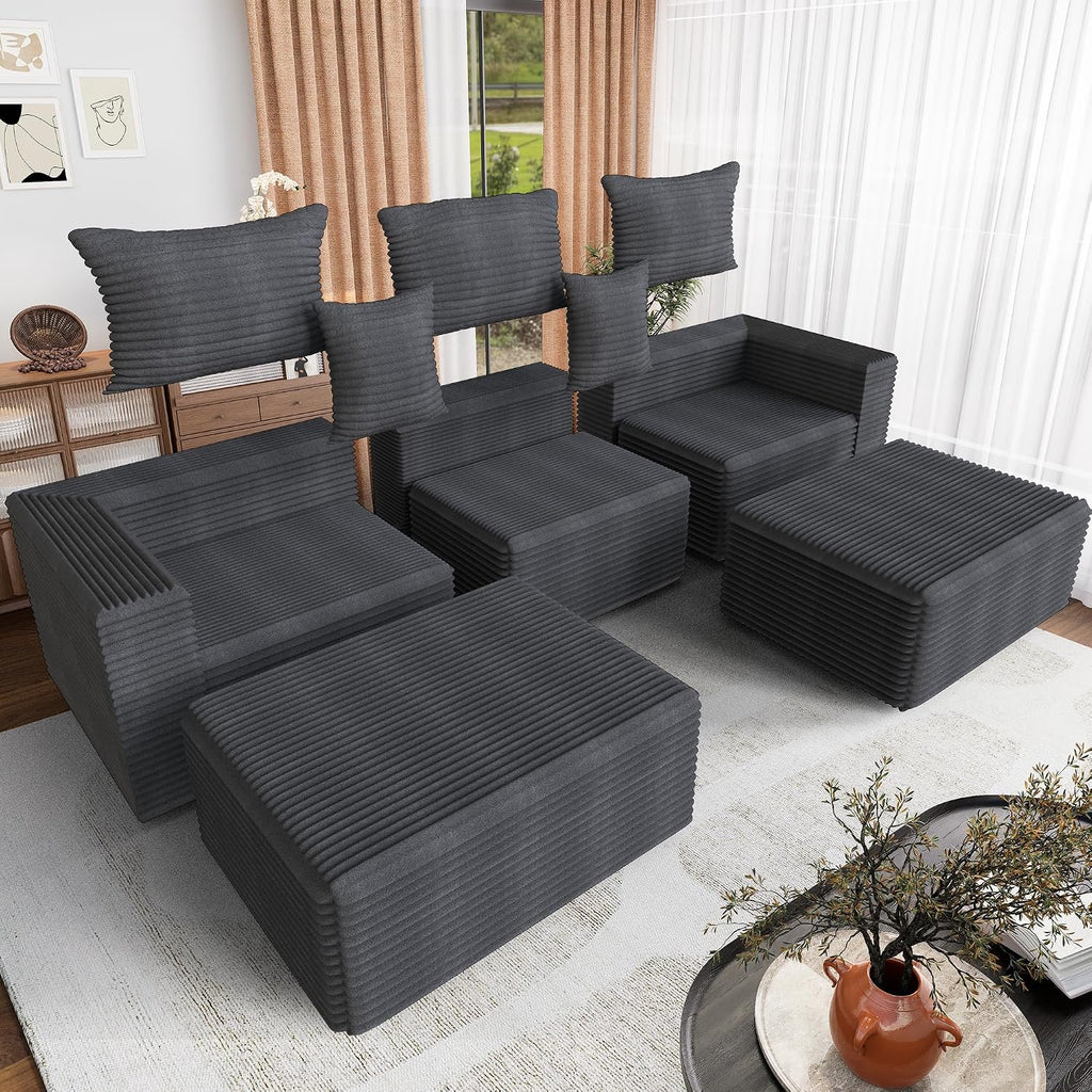 110 Corduroy Modular Sectional Boneless Sofa with 2 Ottomans, Convertible Cloud Couch with Deep Seats, Fluffy Memory Foam U Shaped Couch for Living Room, No Assembly Required (Gray)
