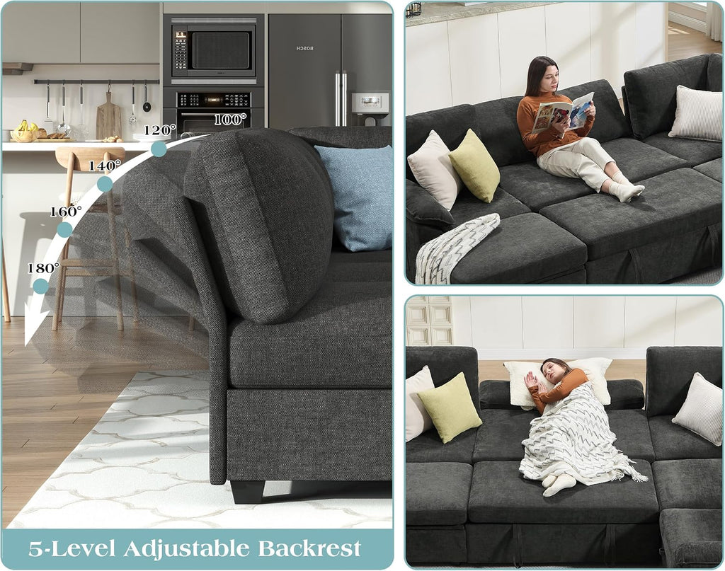 Jocisland 105' Sofa Bed, Sectional Sleeper Sofa with Pull Out Bed/Reclining Backrest, Sleeper Couch Bed with Storage, 6 Seater Couch Bed for Living Room, Chenille Dark Gray