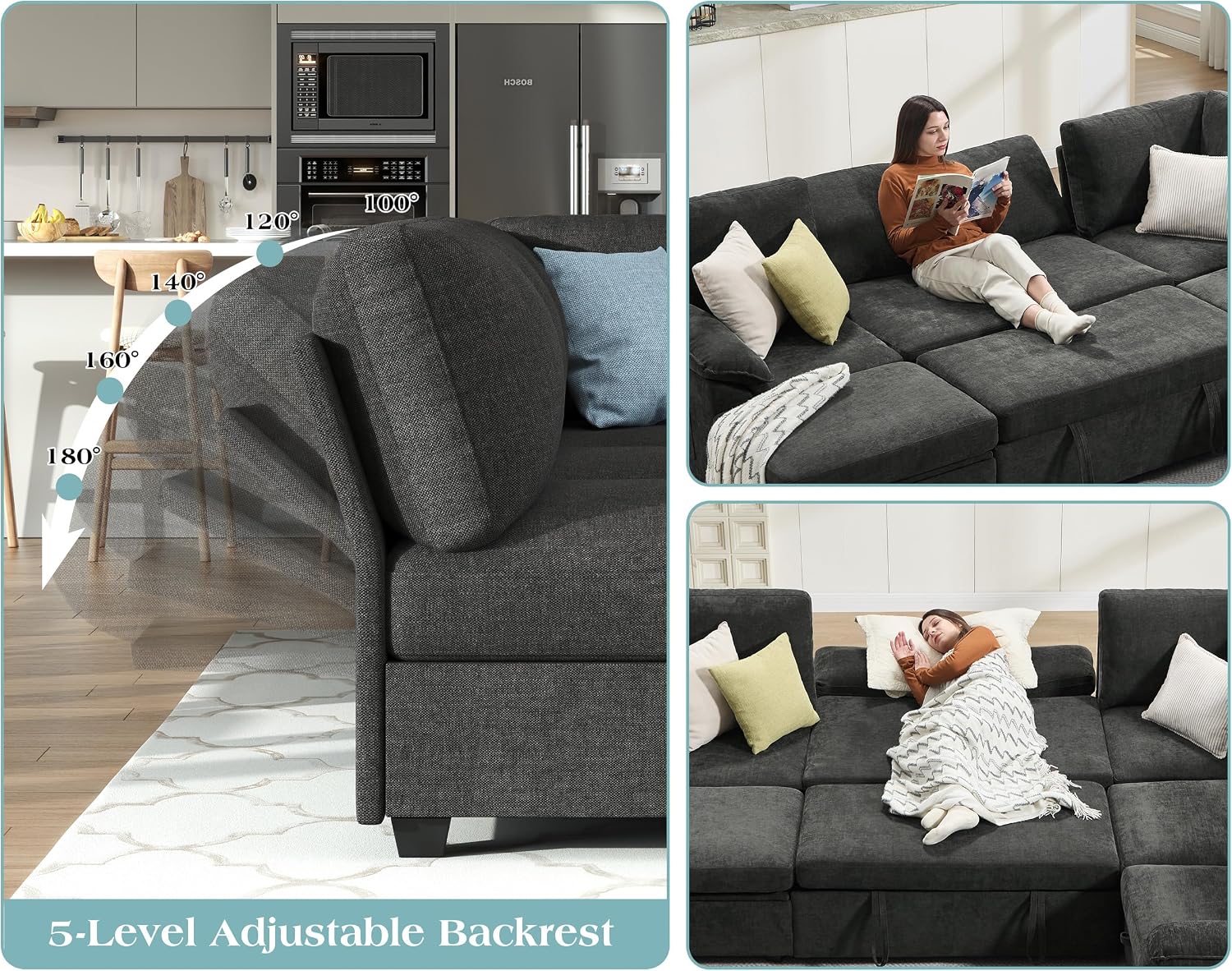 Jocisland 105' Sofa Bed, Sectional Sleeper Sofa with Pull Out Bed/Reclining Backrest, Sleeper Couch Bed with Storage, 6 Seater Couch Bed for Living Room, Chenille Dark Gray