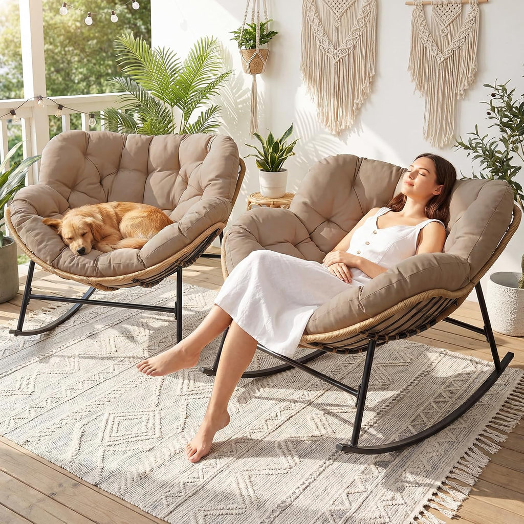 RADIATA 2 PCS Papasan Rocking Egg Chair, Indoor Outdoor Oversized Lounge Chair with Cushion, Double Wicker Rattan Rocker Loveseat, 450 lbs Capacity Outside Funiture for Patio Porch Livingroom Brown