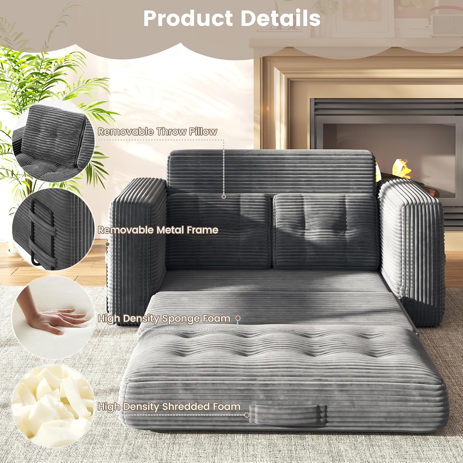 Convertible Sofa Bed, 2 in 1 Boneless Couch Bed with 2 Pillows, Corduroy Pull out Couch Folding Sofa Bed with Deep Seat, Small Loveseat Sleeper Sofa Bed in a Box for Small Spaces, No Assembly Required