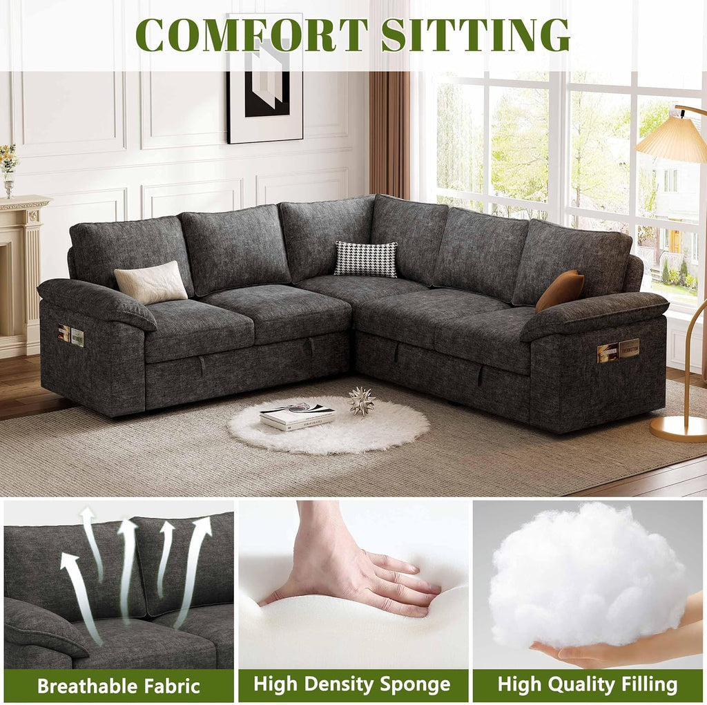85 Inch Modular Sectional Sofa with Pull Out Bed,L Shaped 5 Seat Sectional Sleeper Sofa with Storage,Sectional Couches for Living Room,Cloud Modular Couch,Removable Sofa Cover, Dark Grey