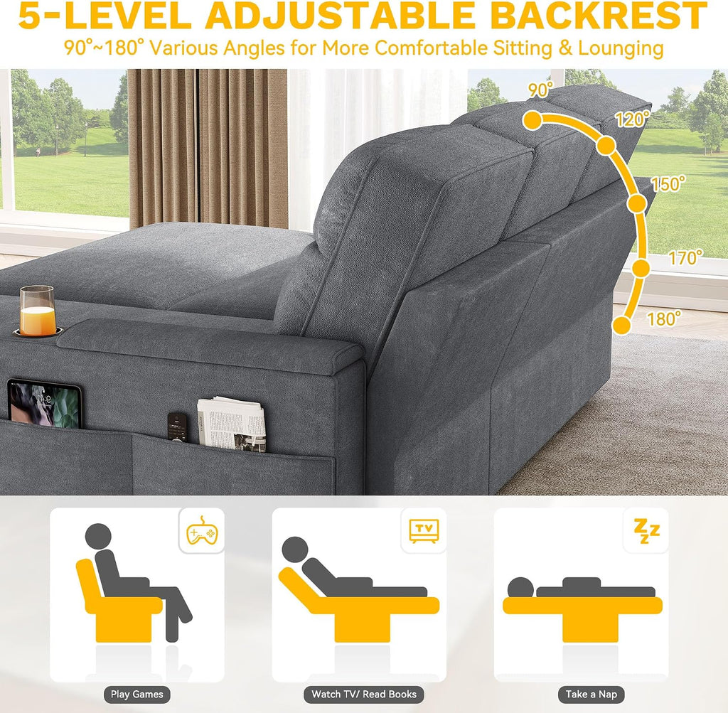 DWVO Convertible Sleeper Sofa with Adjustable Backrest & Pull Out Bed, L-Shaped Sectional Sofa Bed with Armrest & USB Port, Upholstered Sectional Couch for Living Room, No-Tool Assembly, Grey