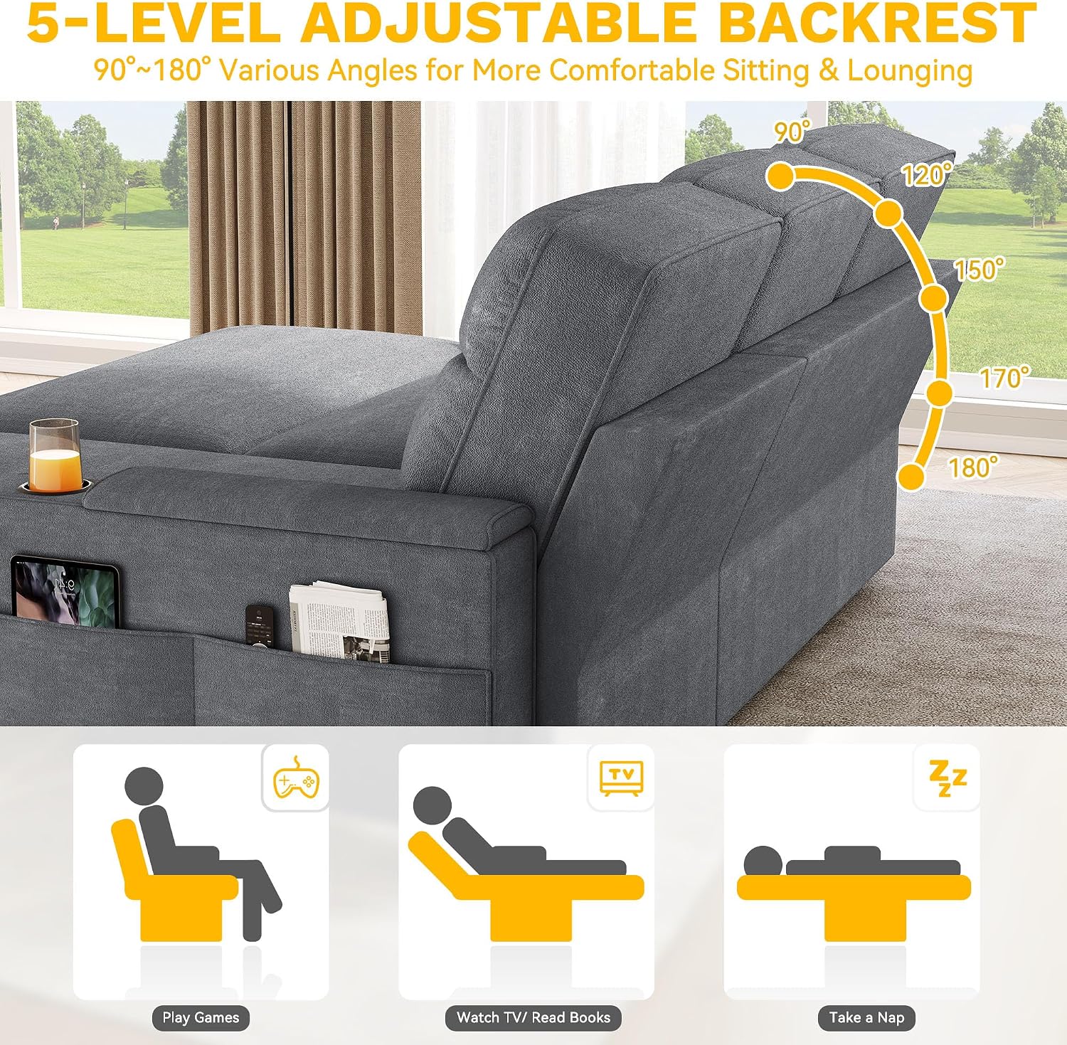 DWVO Convertible Sleeper Sofa with Adjustable Backrest & Pull Out Bed, L-Shaped Sectional Sofa Bed with Armrest & USB Port, Upholstered Sectional Couch for Living Room, No-Tool Assembly, Grey