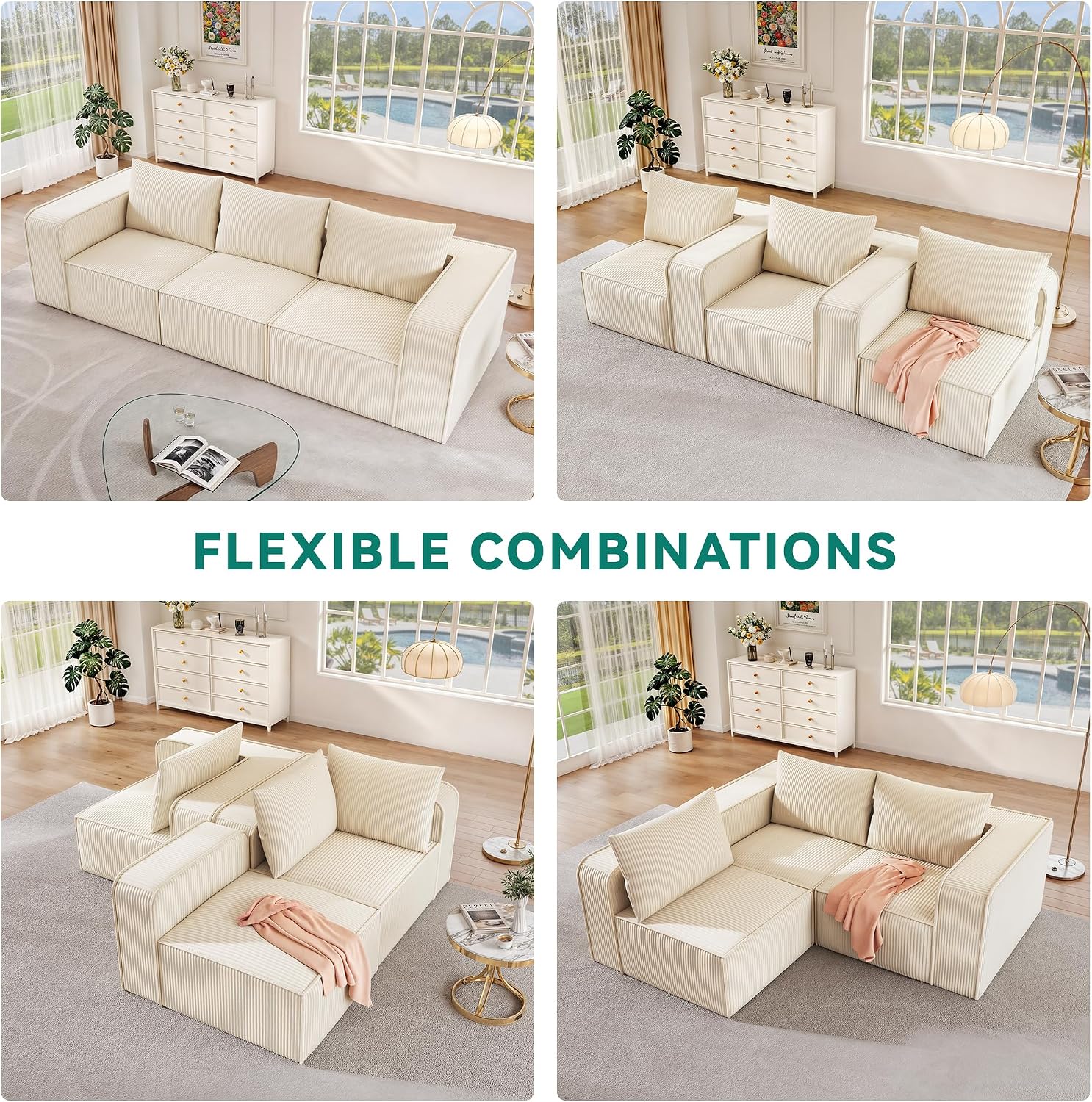 DWVO Oversized Deep Modular Sectional Sofa, 3-Seat Cloud Couch with 3 Pillows, Corduroy Sectional Couches for Living Room, Apartment, Office, Hotel, Bedroom, No Assembly Needed, Milky White