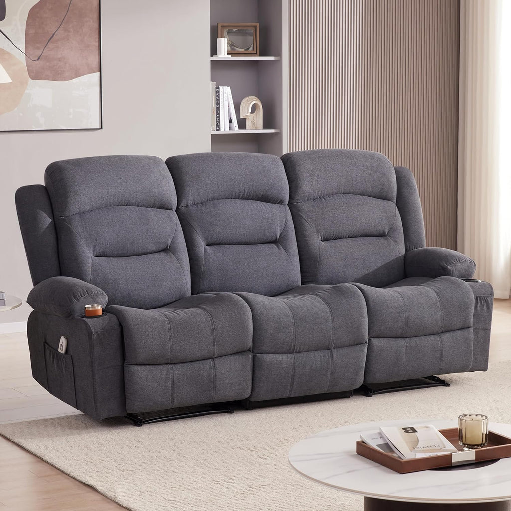Oversized Recliner Sofa with Heat and Massage, Big Large 3-Seater RV Recliner Couch Sofa for Living Room, Wall-Hugger Reclining Sofa with Cup Holders and USB Port (Fabric, Grey)