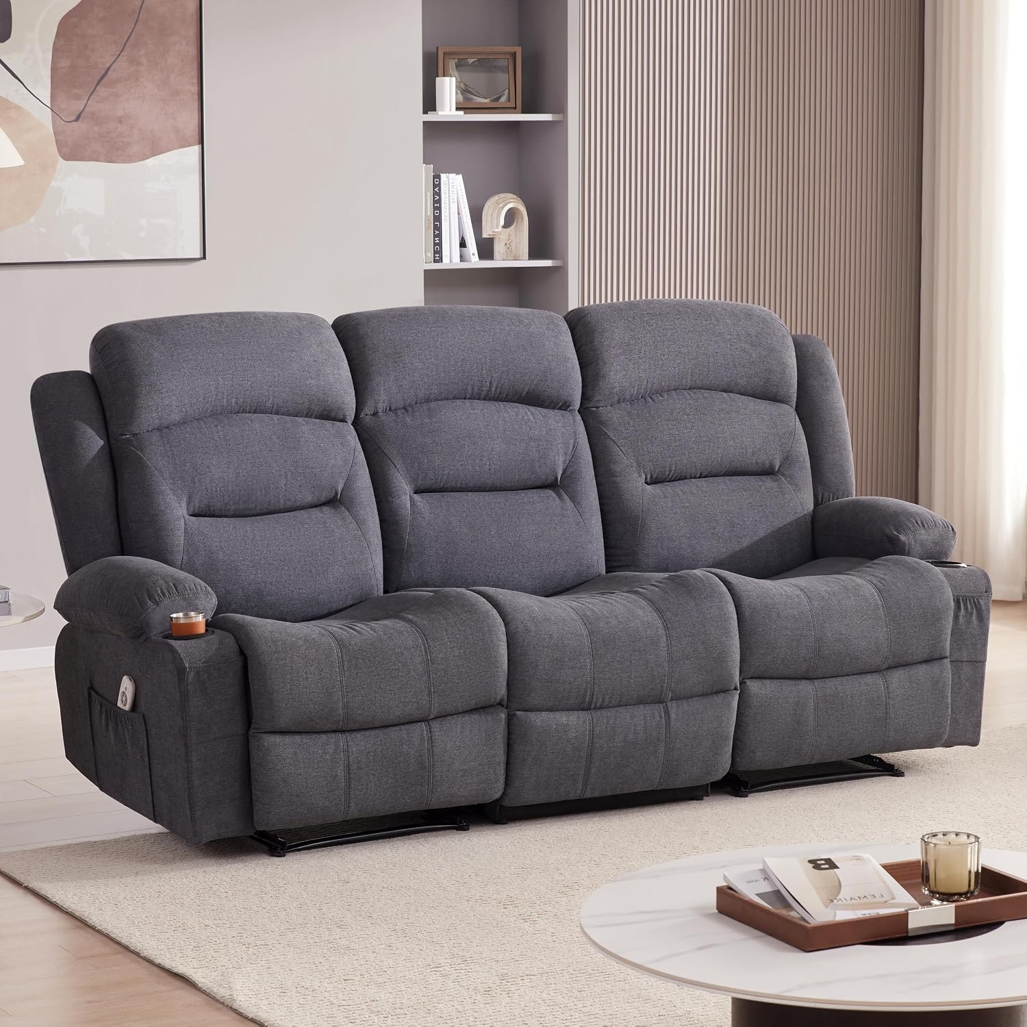 Oversized Recliner Sofa with Heat and Massage, Big Large 3-Seater RV Recliner Couch Sofa for Living Room, Wall-Hugger Reclining Sofa with Cup Holders and USB Port (Fabric, Grey)