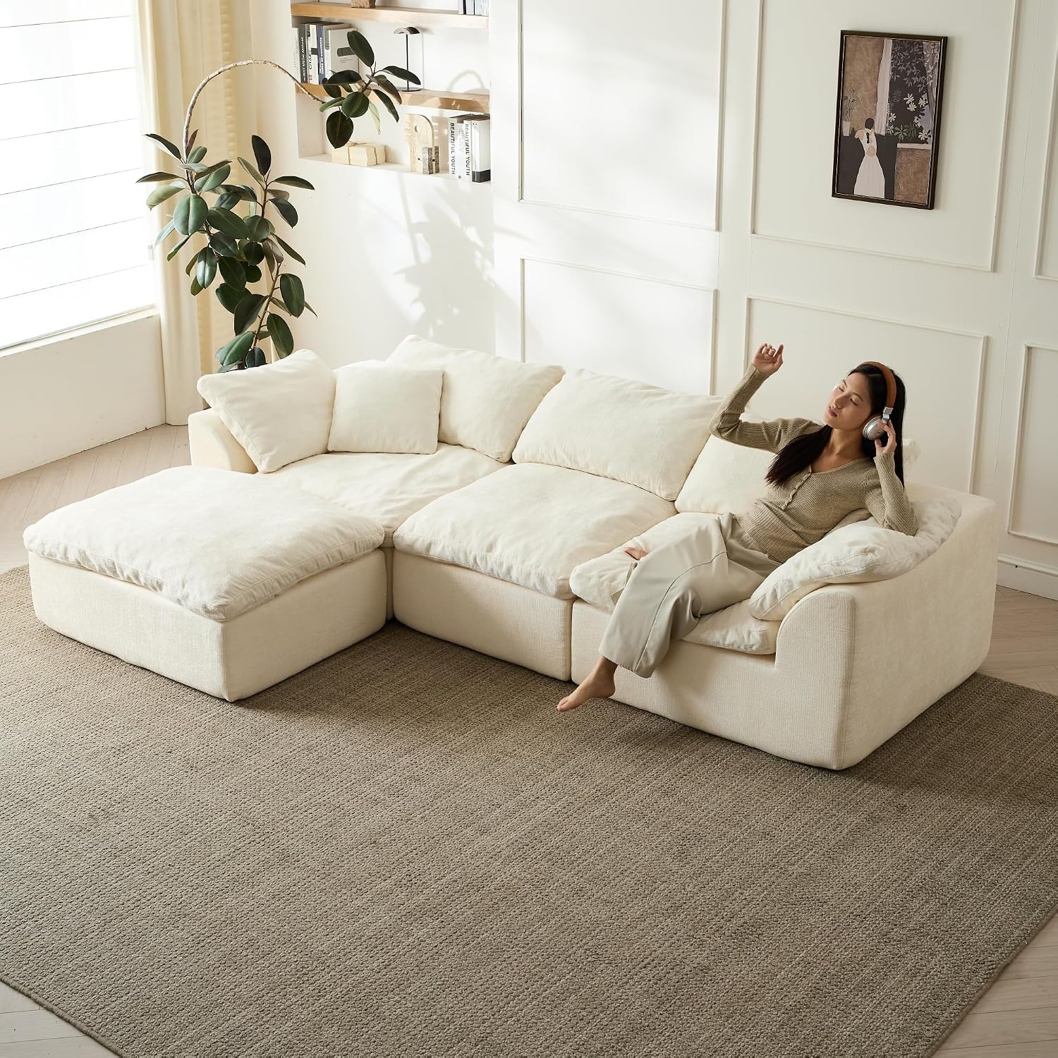110' Cloud Sectional Couches for Living Room, Convertible L-Shape Boneless Couch with Ottoman, 3 Seater Compressed Sofa Bed Modular Sectional Sofa (Beige)