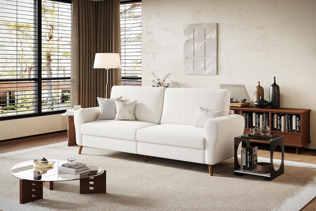 GarveeHome 84 in Sofa Couch, Large Loveseat Sofa with Wide Armrests, Deep Seats & Wood Feet, 3 Seater Modern Boucle Sofa, Comfy Couches for Living Room Bathroom Small Spaces, White