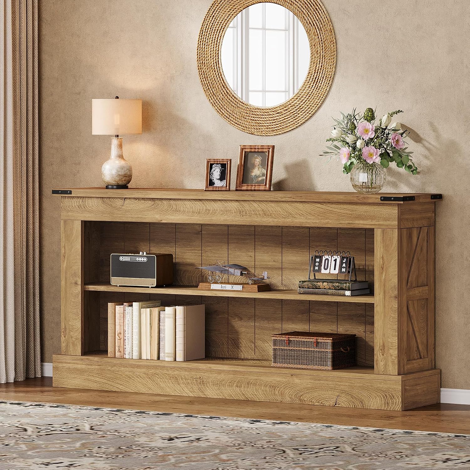 Tribesigns 63-Inch Long Console Table for Entryway, Narrow Long Entry Table with Shelves for Living Room, Farmhouse Sofa Console Behind Couch, for Foyer, Hallway, Brown