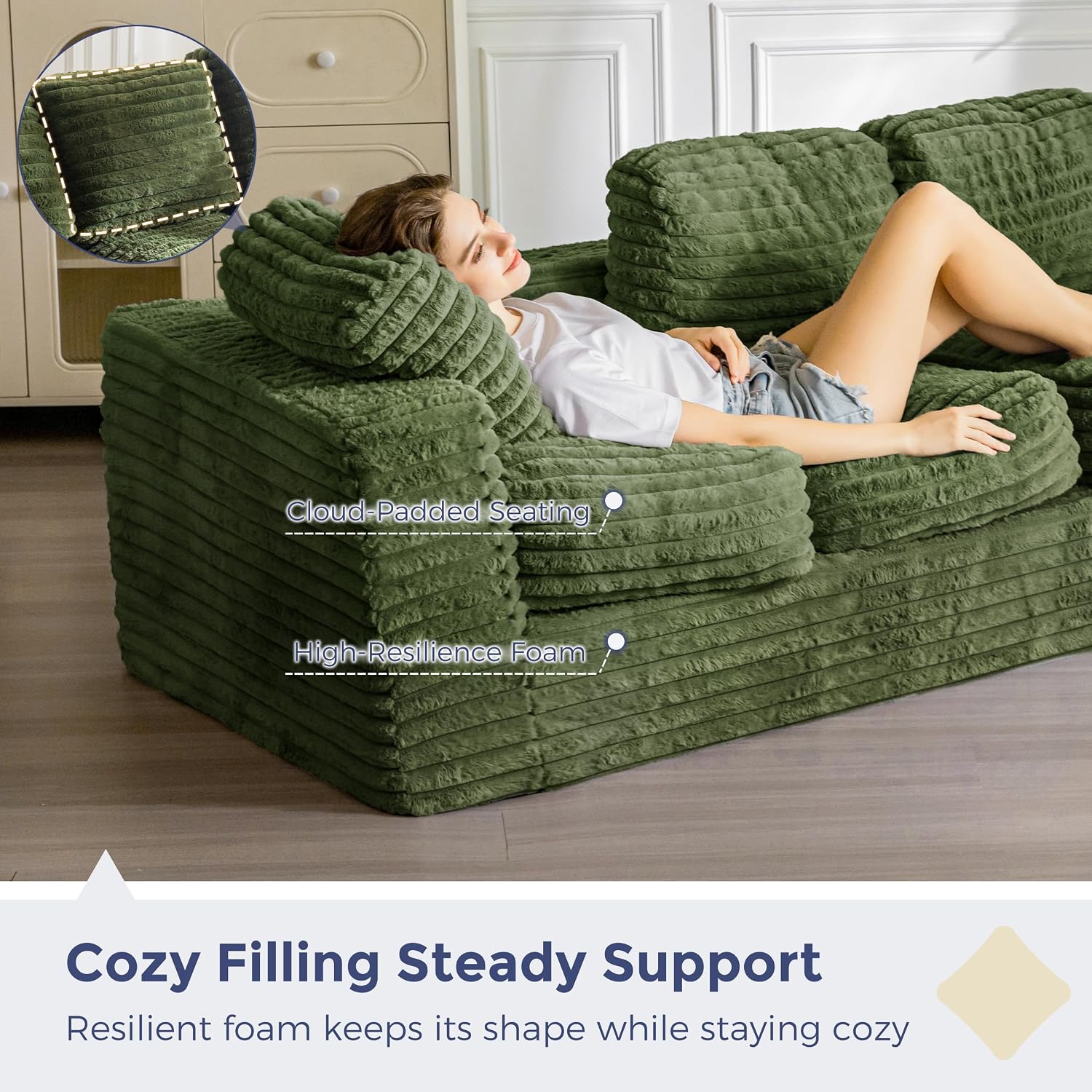 MAXYOYO 3-Seater Boneless Sofa Couch in a Box, Modern Faux Fur Sofa for Living Room, Soft High-Density Foam Couch with Pillows, Fluffy & Supportive Lounge, No Assembly Required, Green
