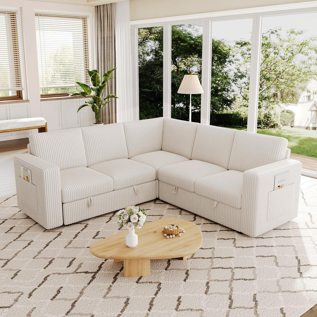 83.5' Sectional Sleeper Sofa with Pull Out Couch, Modern 5 Seat L Shaped Modular Couch, Sectionals Modular Sofa with Storage, Comfy Corduroy Couches Sectional for Living Room & Apartment, Beige