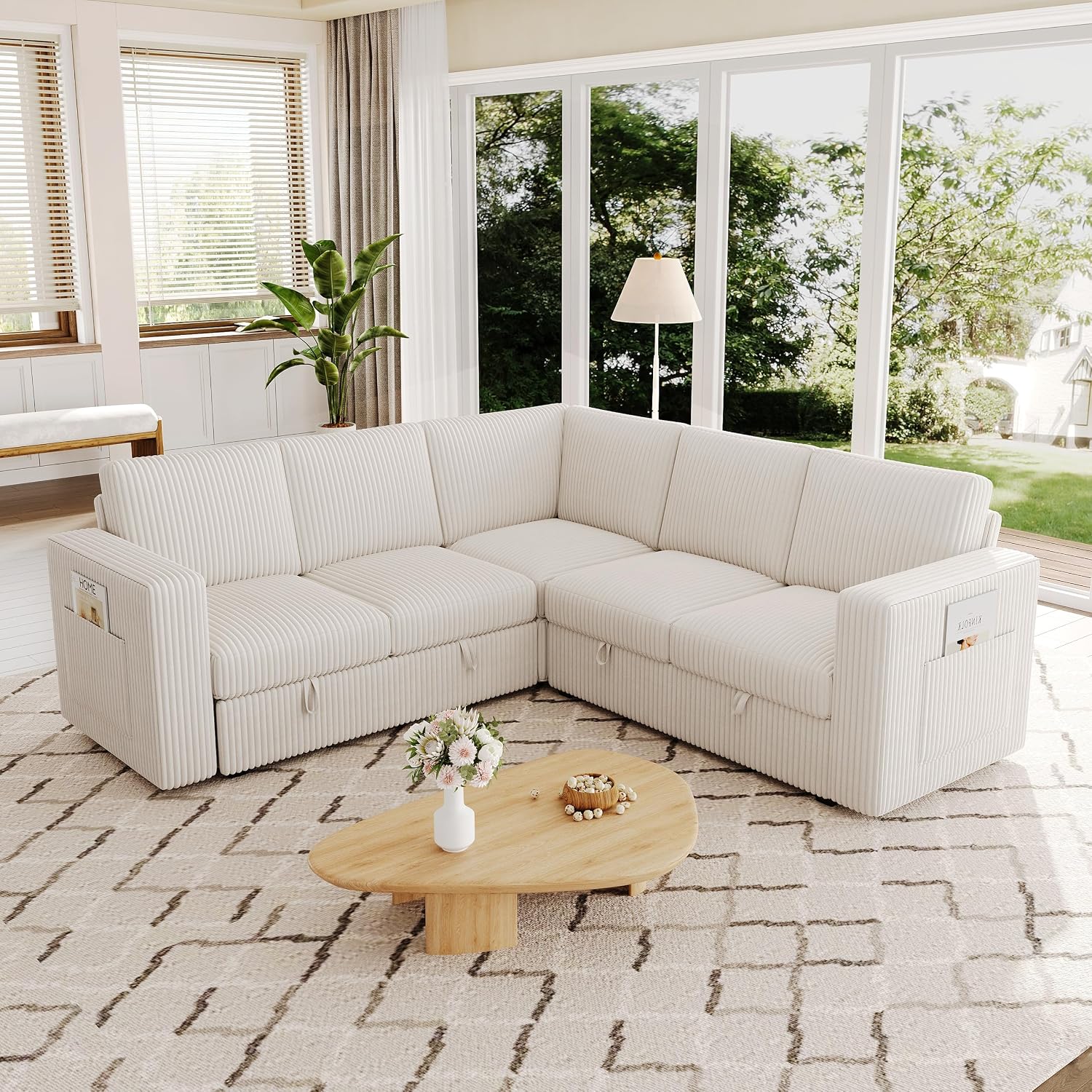 83.5' Sectional Sleeper Sofa with Pull Out Couch, Modern 5 Seat L Shaped Modular Couch, Sectionals Modular Sofa with Storage, Comfy Corduroy Couches Sectional for Living Room & Apartment, Beige