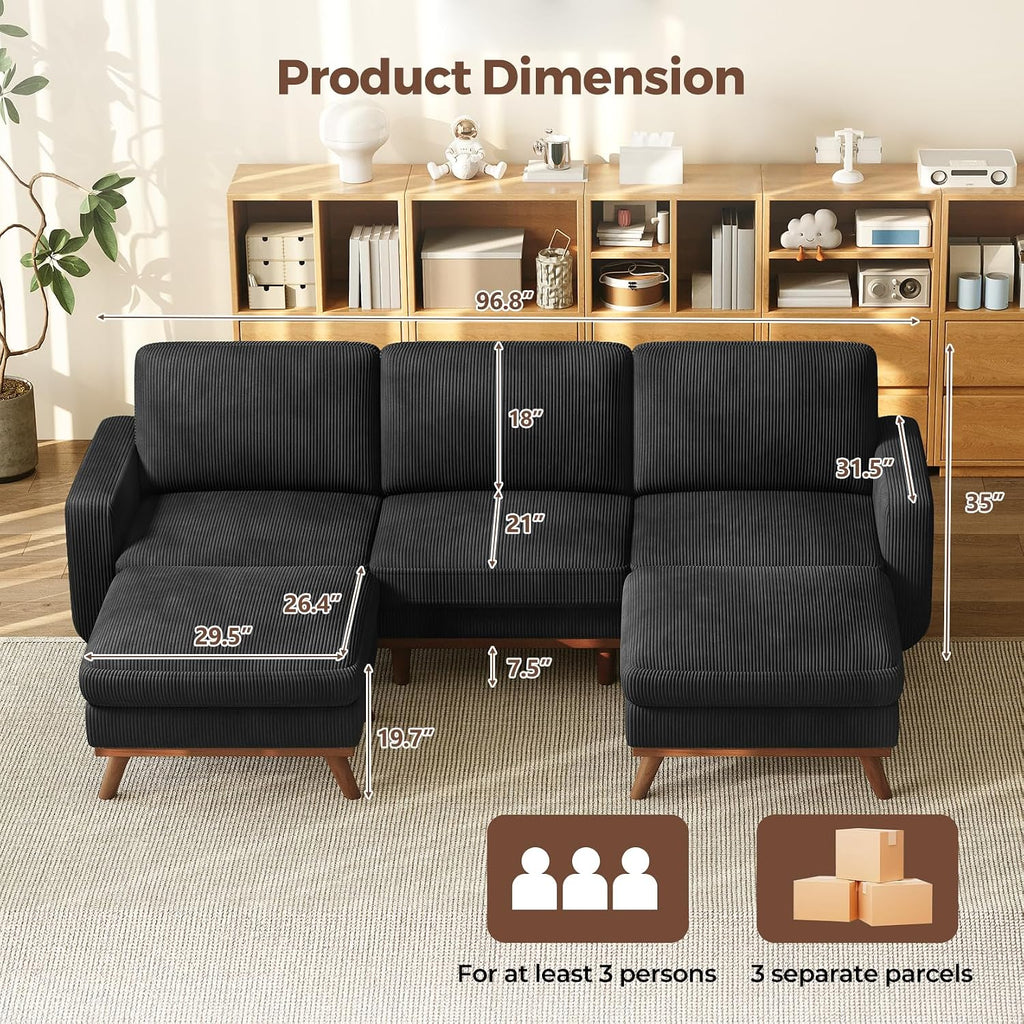 Vesgantti 97' Modular Sectional Sofa Black, U-Shaped Couch with Movable Ottoman, Comfy Corduroy Couch with Spring Cushion, Modular Sofa with Deep Seat for Living Room, Bedroom and Apartment