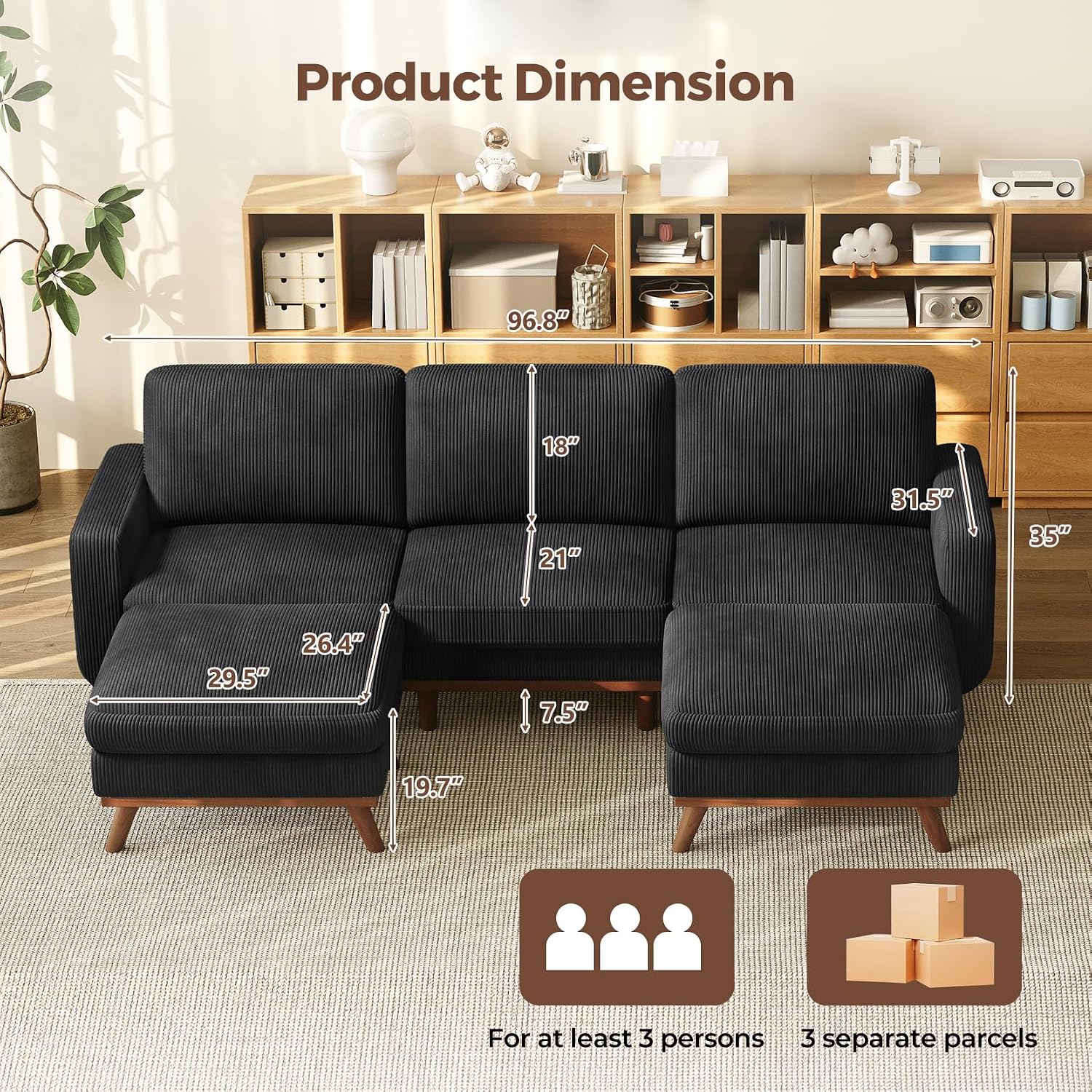Vesgantti 97' Modular Sectional Sofa Black, U-Shaped Couch with Movable Ottoman, Comfy Corduroy Couch with Spring Cushion, Modular Sofa with Deep Seat for Living Room, Bedroom and Apartment