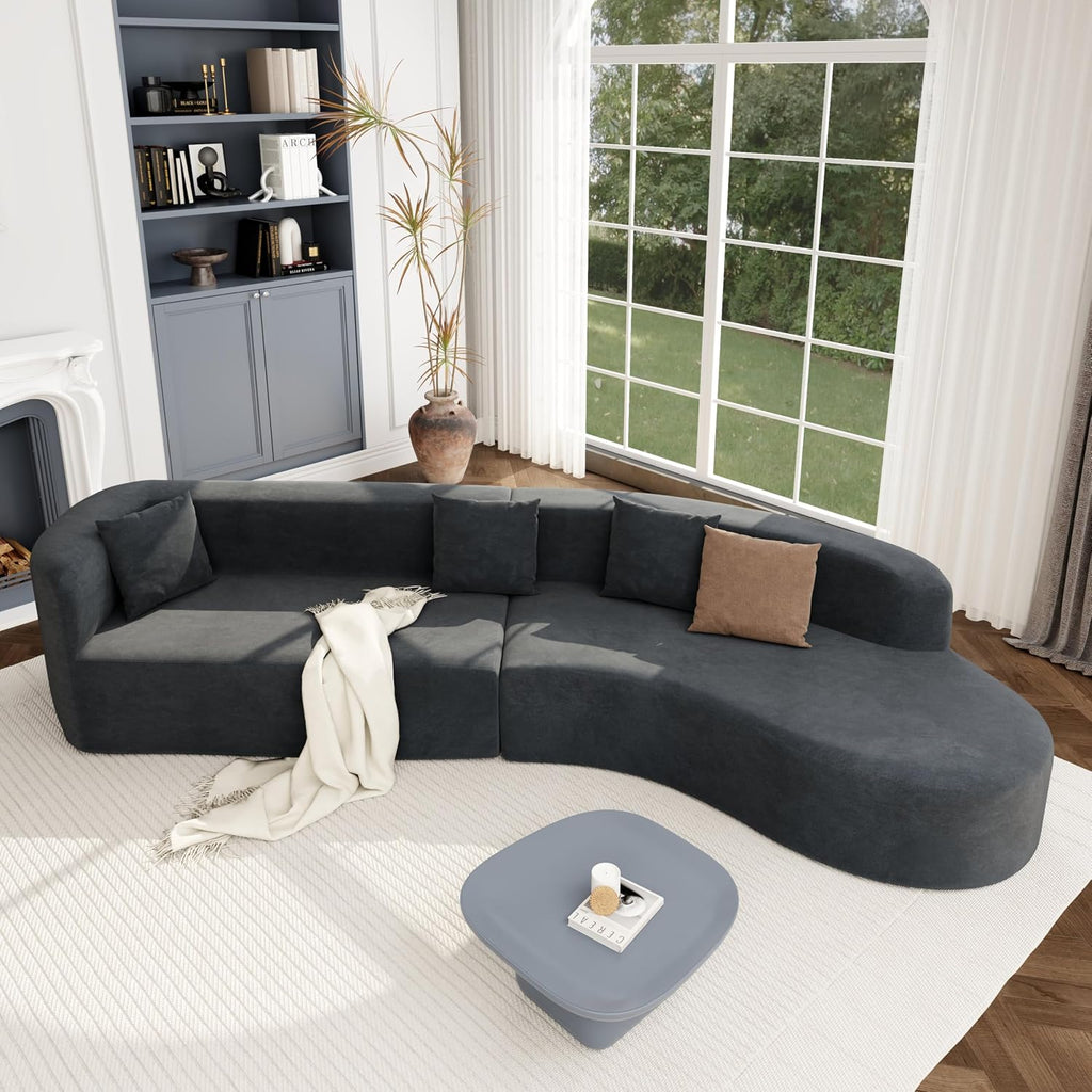 Merax Modern Minimalist Large 2-Piece Sectional Curved Chenille Sofa with 3 Pillows and High-Density Foam for Luxurious Comfort and Seamless, for Living Room, Bedroom, Grey