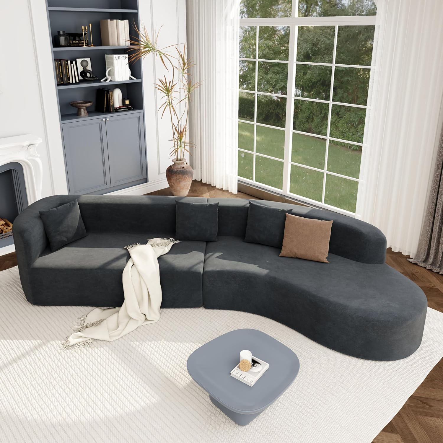 Merax Modern Minimalist Large 2-Piece Sectional Curved Chenille Sofa with 3 Pillows and High-Density Foam for Luxurious Comfort and Seamless, for Living Room, Bedroom, Grey