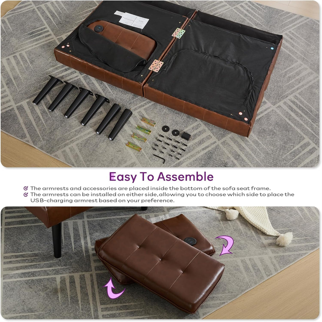 TYBOATLE 65' Convertible Futon Sofa Bed w/ 2 USB,Tufted Small Adjustable Folding Couch Loveseat, Modern Mid Century Faux Leather Sleeper Sofa for Living Room, Bedroom,Office, Brown