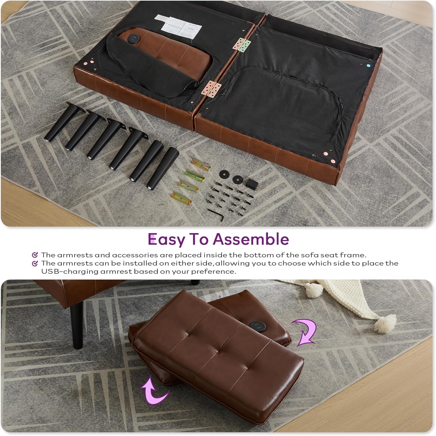 TYBOATLE 65' Convertible Futon Sofa Bed w/ 2 USB,Tufted Small Adjustable Folding Couch Loveseat, Modern Mid Century Faux Leather Sleeper Sofa for Living Room, Bedroom,Office, Brown