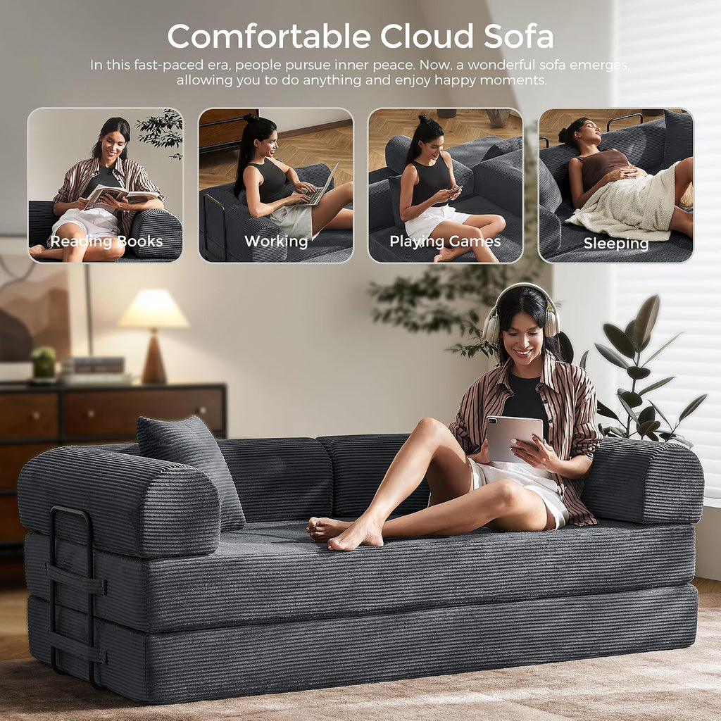 79' Convertible Sofa Bed with Fixed-Shape Frame & Removable Armrests, Modular Corduroy Sleeper Sofa, Folding Mattress Couch for Small Spaces - No Assembly Needed in Dark Gray (Includes 2 Pillows)