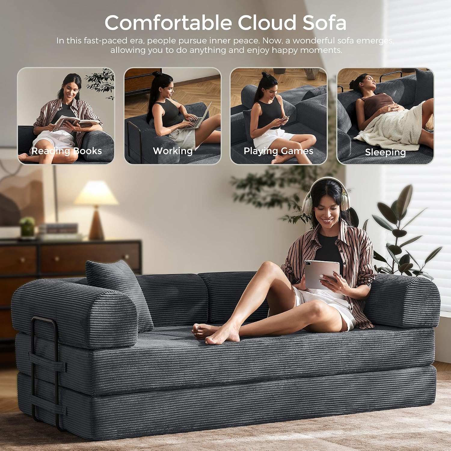 79' Convertible Sofa Bed with Fixed-Shape Frame & Removable Armrests, Modular Corduroy Sleeper Sofa, Folding Mattress Couch for Small Spaces - No Assembly Needed in Dark Gray (Includes 2 Pillows)