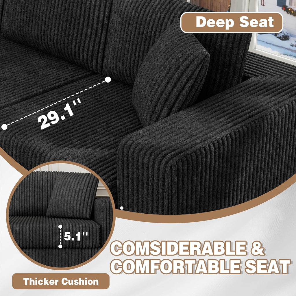 JAMFLY 105' Boneless Couches for Living Room Modular Sectional Sofa L-Shape Couch with Oversized Chaise, Cloud Couch Deep Seat Memory Foam Upholstered for Bedroom, Plush Corduroy Fabric,Night Black