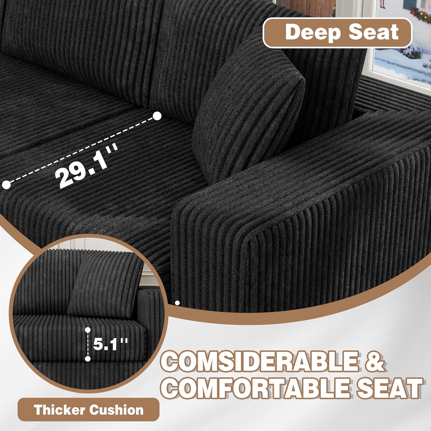 JAMFLY 105' Boneless Couches for Living Room Modular Sectional Sofa L-Shape Couch with Oversized Chaise, Cloud Couch Deep Seat Memory Foam Upholstered for Bedroom, Plush Corduroy Fabric,Night Black