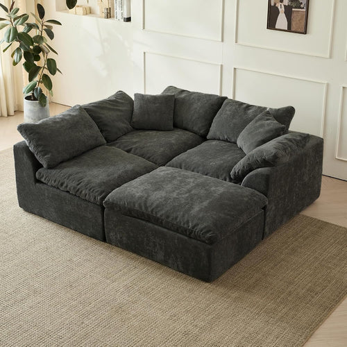 109' Cloud Sectional Couches for Living Room, Convertible L-Shape Boneless Couch with Ottoman, 3 Seater Compression Sofa Bed Modular Sectional Sofa (Black)