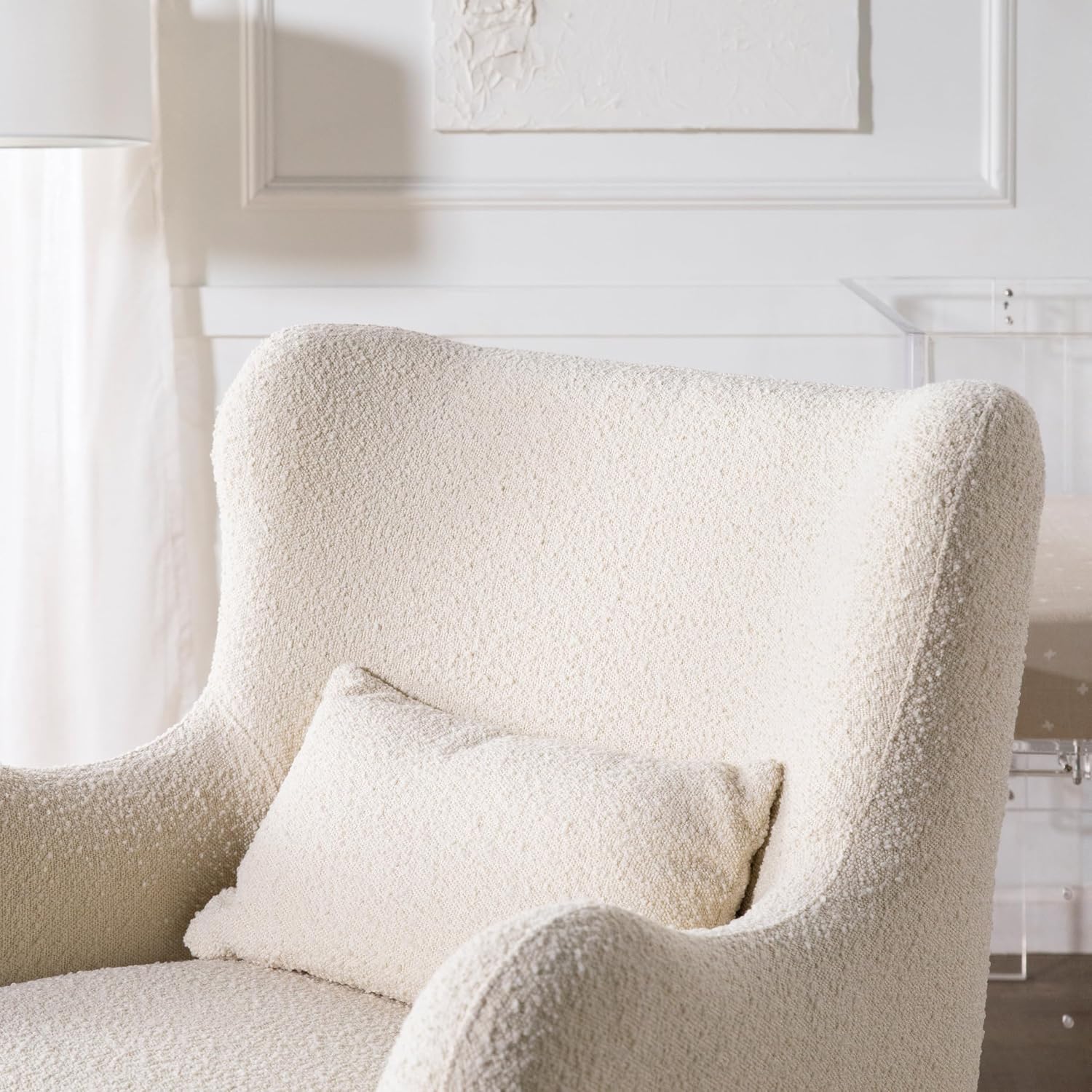 Nursery Works Solstice Swivel Glider in Ivory Boucle with Ivory Wood Base, Greenguard Gold Certified and CertiPUR-US® Certified