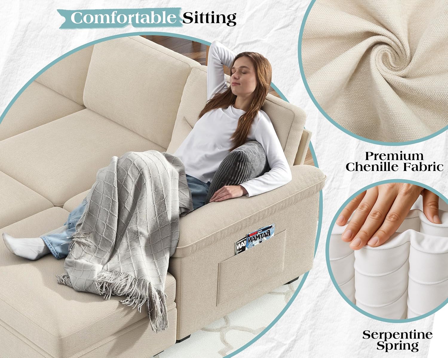 Jocisland 105' Sofa Bed, Sectional Sleeper Sofa with Pull Out Bed/Reclining Backrest, Sleeper Couch Bed with Storage, 6 Seater Couch Bed for Living Room, Chenille Beige