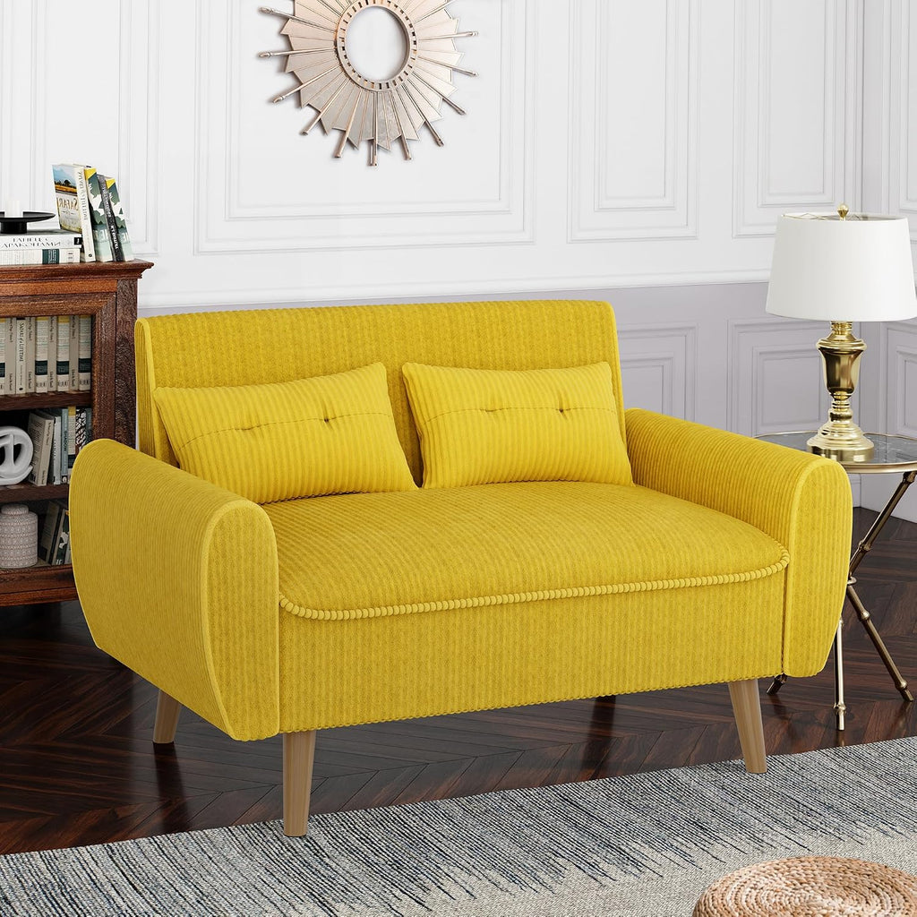 Shintenchi 48'' Loveseat Sofa, Mid-Century Modern Upholstered Couch Deep Seat with 2 Pillows, 10' Thick Cushion with Spring, Solid Wood Frame Small Couch for Living Room, Dorms & Office, Yellow