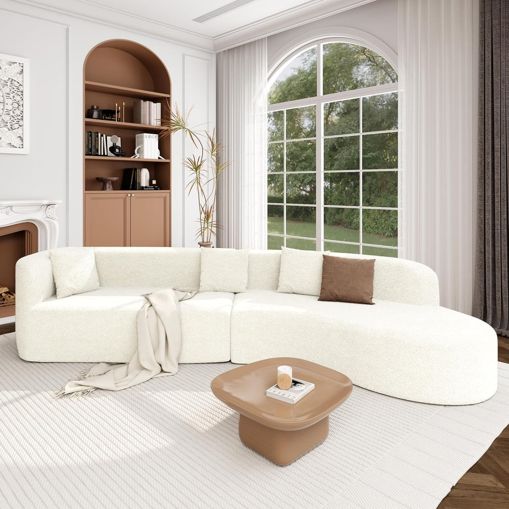 Merax Modern Minimalist Large 2-Piece Sectional Curved Chenille Sofa with 3 Pillows and High-Density Foam for Luxurious Comfort and Seamless, for Living Room, Bedroom, White