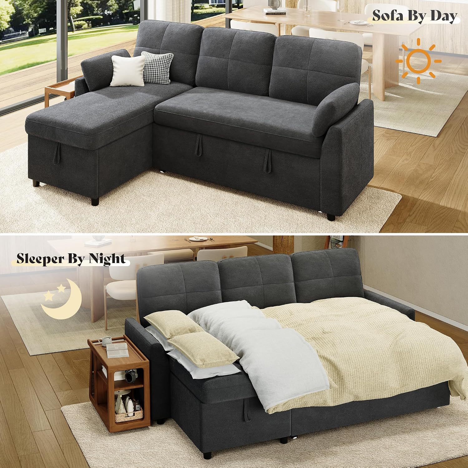 AMEILIFE Sofa Bed, Sleeper Sofa with Storage Chaise, Convertible Sofa Bed with Pull Out Couch, l Shaped Couch for Living Room-Gray Linen