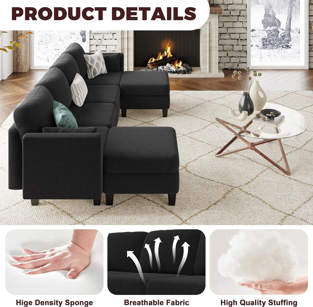 Modular Sectional Sofa, 6 Seaters Modular Sleeper Sofa Couch, Comfy Sectionals Couches Bed, Convertible Sofas with Ottomans, Sectional Couches for Living Room, Black