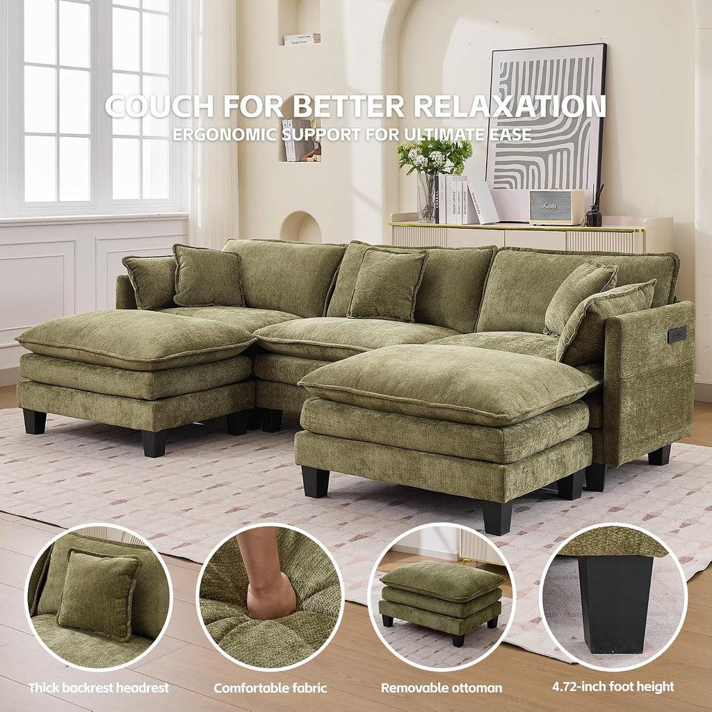 Opiesit Modular Sectional Sofa with Movable Ottoman, 110' 5-Seat Modern Couches for Living Room, Comfy U Shaped Couch Set with Deep Seat for Office and Apartment, Green Chenille Fabric