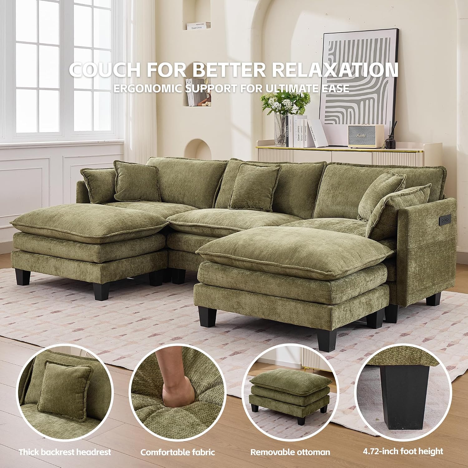 Opiesit Modular Sectional Sofa with Movable Ottoman, 110' 5-Seat Modern Couches for Living Room, Comfy U Shaped Couch Set with Deep Seat for Office and Apartment, Green Chenille Fabric