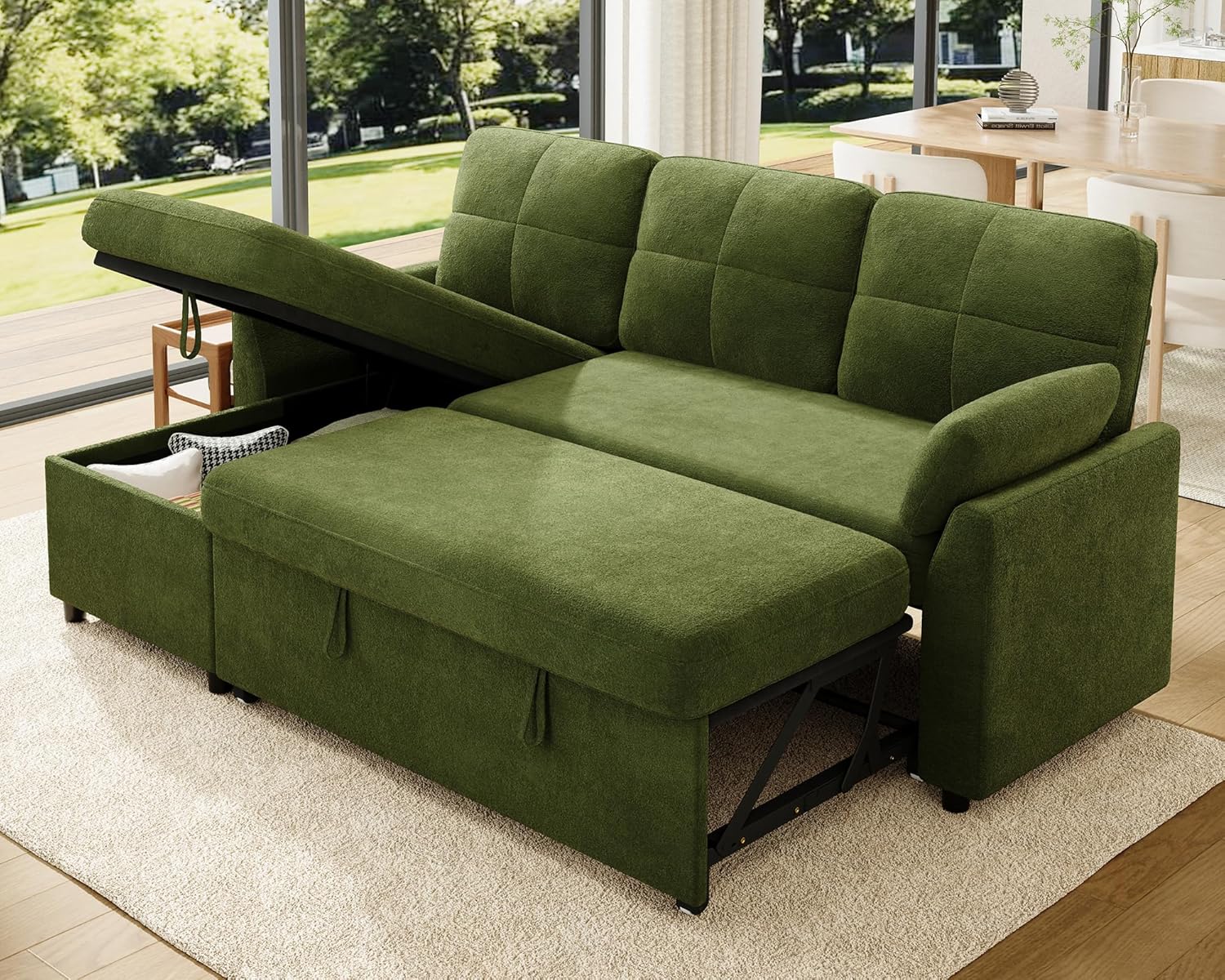 AMEILIFE Sofa Bed, Sleeper Sofa with Storage Chaise, Convertible Sofa Bed with Pull Out Couch, l Shaped Couch for Living Room-Green Linen